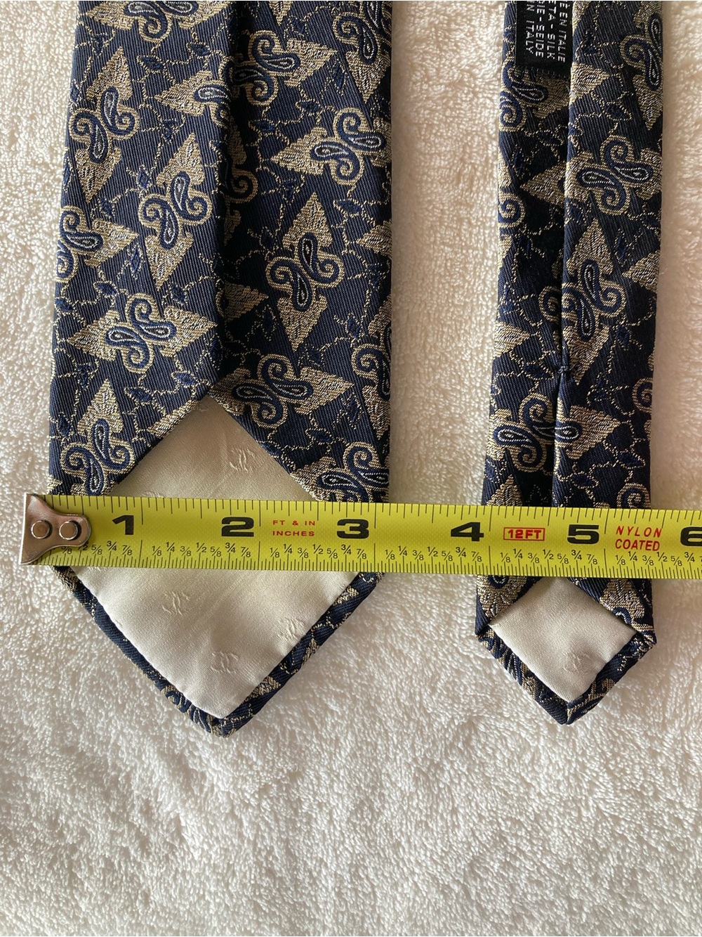 Navy And Gold Paisley CHANEL 100% Silk Brocade NeckTie. Made In Italy. Luxury. - Picture 6 of 7